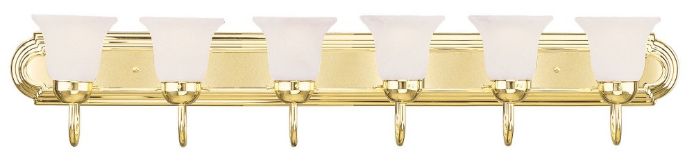 Livex Lighting-1076-02-Riviera - 6 Light Bath Vanity in Riviera Style - 48 Inches wide by 8 Inches high Polished Brass Finish with White Alabaster Glass