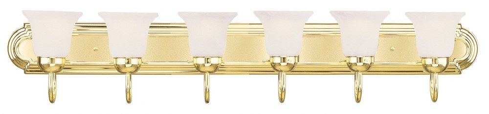 Livex Lighting-1076-02-Riviera - 6 Light Bath Vanity in Riviera Style - 48 Inches wide by 8 Inches high   Polished Brass Finish with White Alabaster Glass