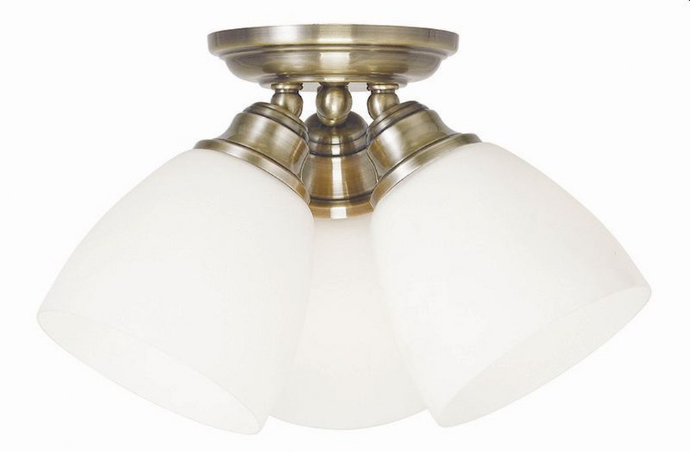 Livex Lighting-13664-01-Somerville - 3 Light Flush Mount in Somerville Style - 14.25 Inches wide by 7.5 Inches high Antique Brass Brushed Nickel Finish with Satin Opal White Glass