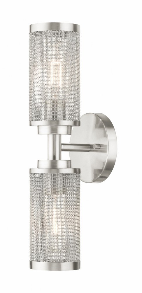 Livex Lighting-14122-91-Industro - 2 Light Wall Sconce in Industro Style - 5.13 Inches wide by 17 Inches high   Brushed Nickel Finish with Brushed Nickel Stainless Steel Mesh Shade