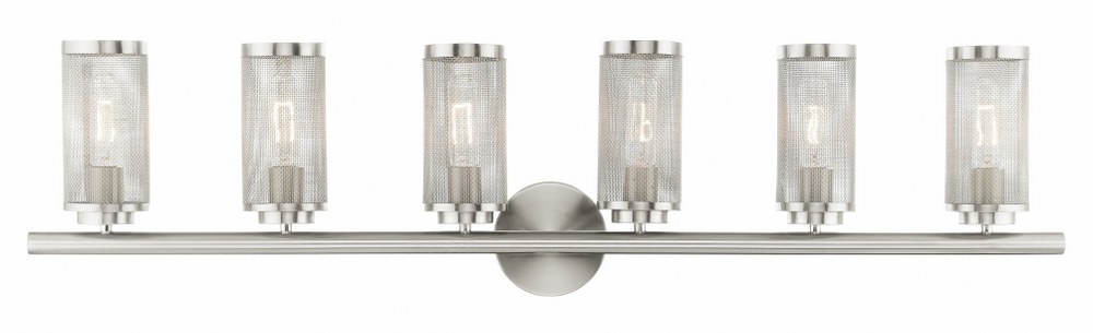 Livex Lighting-14126-91-Industro - 6 Light Bath Vanity in Industro Style - 44.4 Inches wide by 11 Inches high   Brushed Nickel Finish with Brushed Nickel Stainless Steel Mesh Shade