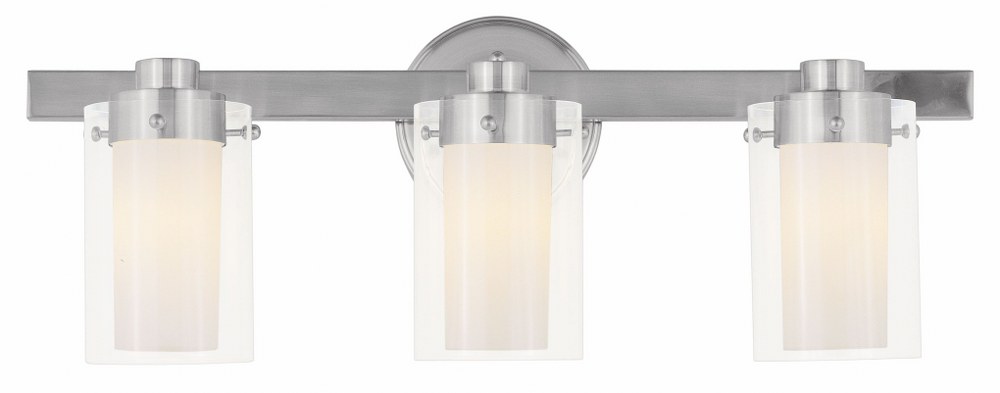 Livex Lighting-1543-91-Manhattan - 3 Light Bath Vanity in Manhattan Style - 22.5 Inches wide by 8.75 Inches high Brushed Nickel  Brushed Nickel Finish with Clear/Opal Glass