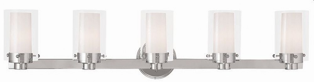 Livex Lighting-15455-05-Manhattan - 5 Light Bath Vanity in Manhattan Style - 35.5 Inches wide by 8.75 Inches high Polished Chrome Brushed Nickel Finish with Clear/Opal Glass