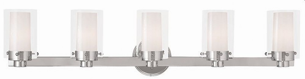 Livex Lighting-15455-05-Manhattan - 5 Light Bath Vanity in Manhattan Style - 35.5 Inches wide by 8.75 Inches high Polished Chrome  Brushed Nickel Finish with Clear/Opal Glass