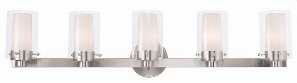 Livex Lighting-15455-91-Manhattan - 5 Light Bath Vanity in Manhattan Style - 35.5 Inches wide by 8.75 Inches high Brushed Nickel Brushed Nickel Finish with Clear/Opal Glass