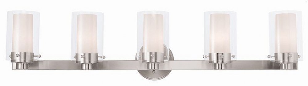 Livex Lighting-15455-91-Manhattan - 5 Light Bath Vanity in Manhattan Style - 35.5 Inches wide by 8.75 Inches high Brushed Nickel  Brushed Nickel Finish with Clear/Opal Glass