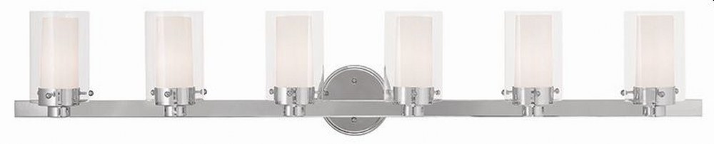 Livex Lighting-15456-05-Manhattan - 6 Light Bath Vanity in Manhattan Style - 47.5 Inches wide by 8.75 Inches high Polished Chrome Brushed Nickel Finish with Clear/Opal Glass