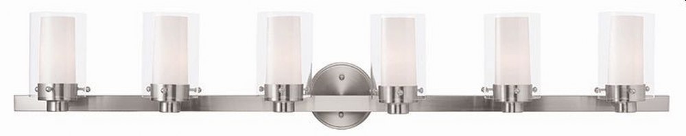 Livex Lighting-15456-91-Manhattan - 6 Light Bath Vanity in Manhattan Style - 47.5 Inches wide by 8.75 Inches high Brushed Nickel Brushed Nickel Finish with Clear/Opal Glass