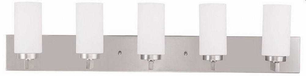 Livex Lighting-16375-91-West Lake - 5 Light Bath Vanity in West Lake Style - 35 Inches wide by 8 Inches high Brushed Nickel Brushed Nickel Finish with Satin Opal White Cylinder Glass