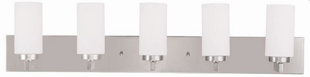 Livex Lighting-16375-91-West Lake - 5 Light Bath Vanity in West Lake Style - 35 Inches wide by 8 Inches high Brushed Nickel  Brushed Nickel Finish with Satin Opal White Cylinder Glass