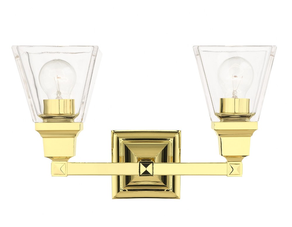 Livex Lighting-17172-02-Mission - 2 Light Bath Vanity in Mission Style - 15 Inches wide by 9.5 Inches high Polished Brass Polished Brass Finish with Clear Glass