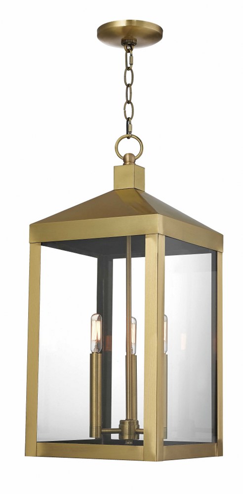 Livex Lighting-20587-01-Nyack - 3 Light Outdoor Pendant Lantern in Nyack Style - 10.5 Inches wide by 24 Inches high Antique Brass  Brushed Nickel Finish with Clear Glass