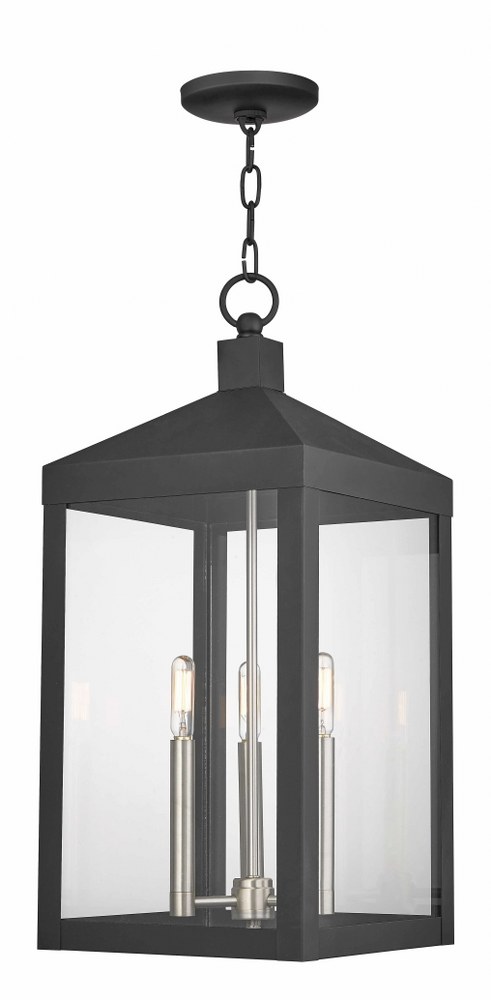 Livex Lighting-20587-04-Nyack - 3 Light Outdoor Pendant Lantern in Nyack Style - 10.5 Inches wide by 24 Inches high Black  Brushed Nickel Finish with Clear Glass