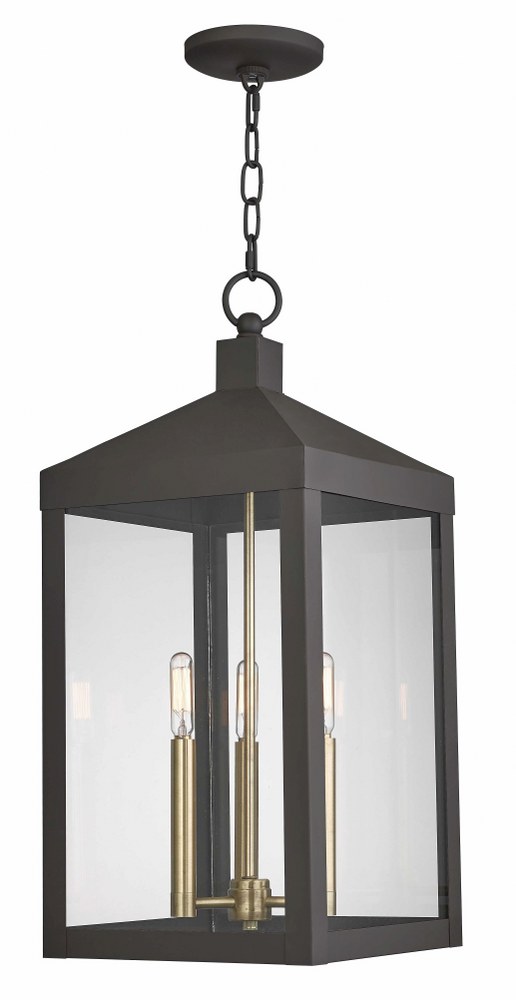 Livex Lighting-20587-07-Nyack - 3 Light Outdoor Pendant Lantern in Nyack Style - 10.5 Inches wide by 24 Inches high Bronze  Brushed Nickel Finish with Clear Glass