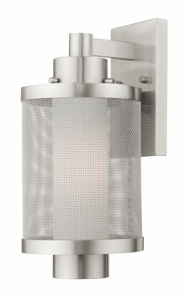 Livex Lighting-20682-91-Nottingham - 1 Light Outdoor Wall Lantern in Nottingham Style - 7 Inches wide by 14.5 Inches high Brushed Nickel Textured Black Finish with Satin Opal White Glass with Textured Black Stainless Steel Mesh Shade