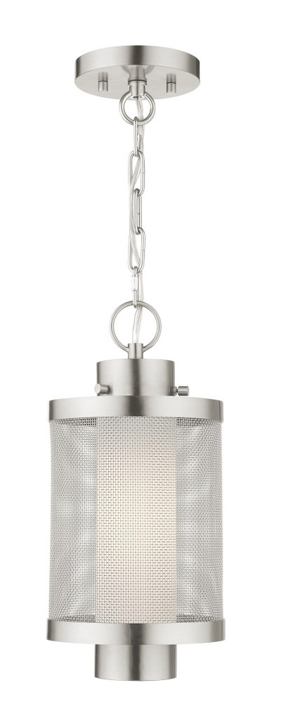 Livex Lighting-20685-91-Nottingham - 1 Light Outdoor Pendant Lantern in Nottingham Style - 9 Inches wide by 17.5 Inches high Brushed Nickel Textured Black Finish with Satin Opal White Glass with Textured Black Stainless Steel Mesh Shade