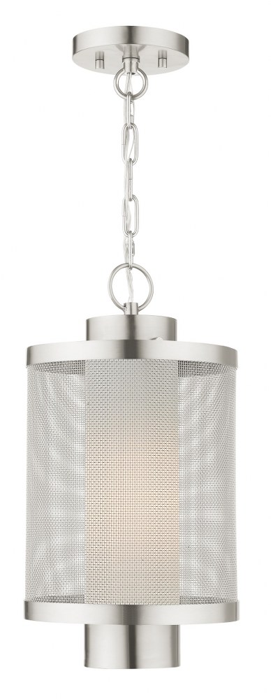 Livex Lighting-20687-91-Nottingham - 1 Light Outdoor Pendant Lantern in Nottingham Style - 9 Inches wide by 16.88 Inches high Brushed Nickel Textured Black Finish with Satin Opal White Glass with Textured Black Stainless Steel Mesh Shade