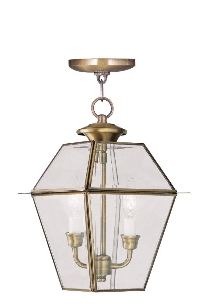Livex Lighting-2285-01-Westover - 2 Light Outdoor Pendant Lantern in Westover Style - 9 Inches wide by 14 Inches high   Antique Brass Finish with Clear Beveled Glass