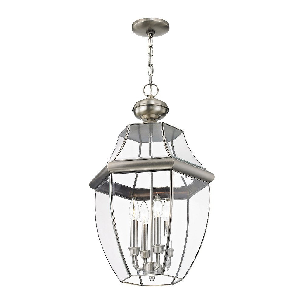 Livex Lighting-2357-91-Monterey - 4 Light Outdoor Pendant Lantern in Monterey Style - 16 Inches wide by 25.5 Inches high Brushed Nickel  Brushed Nickel Finish with Clear Beveled Glass