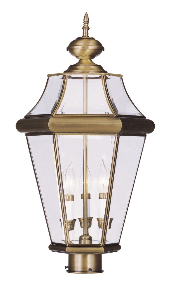 Livex Lighting-2364-01-Georgetown - 3 Light Outdoor Post Top Lantern in Georgetown Style - 13 Inches wide by 23.25 Inches high Antique Brass  Black Finish with Clear Beveled Glass