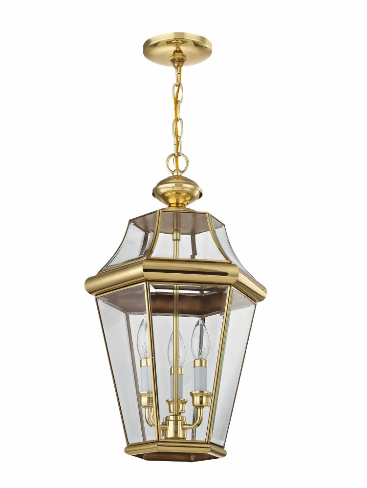 Livex Lighting-2365-02-Georgetown - 3 Light Outdoor Pendant Lantern in Georgetown Style - 13 Inches wide by 21 Inches high Polished Brass  Bronze Finish with Clear Beveled Glass