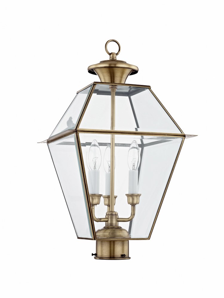 Livex Lighting-2384-01-Westover - 3 Light Outdoor Post Top Lantern in Westover Style - 12 Inches wide by 21.5 Inches high Antique Brass  Black Finish with Clear Beveled Glass