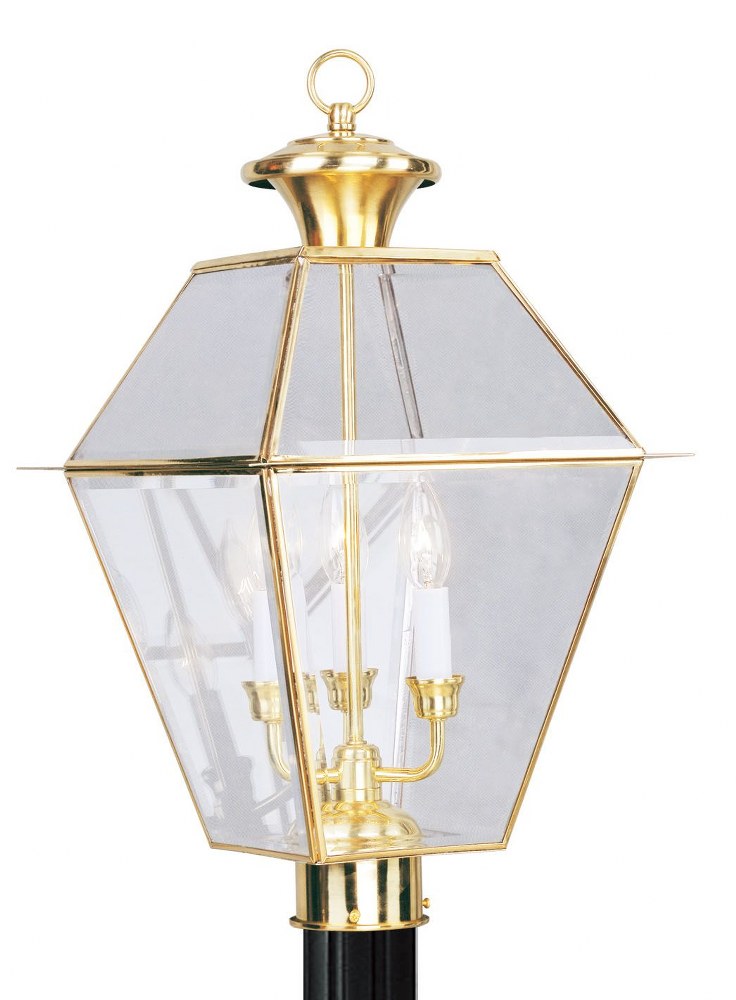 Livex Lighting-2384-02-Westover - 3 Light Outdoor Post Top Lantern in Westover Style - 12 Inches wide by 21.5 Inches high Polished Brass  Black Finish with Clear Beveled Glass