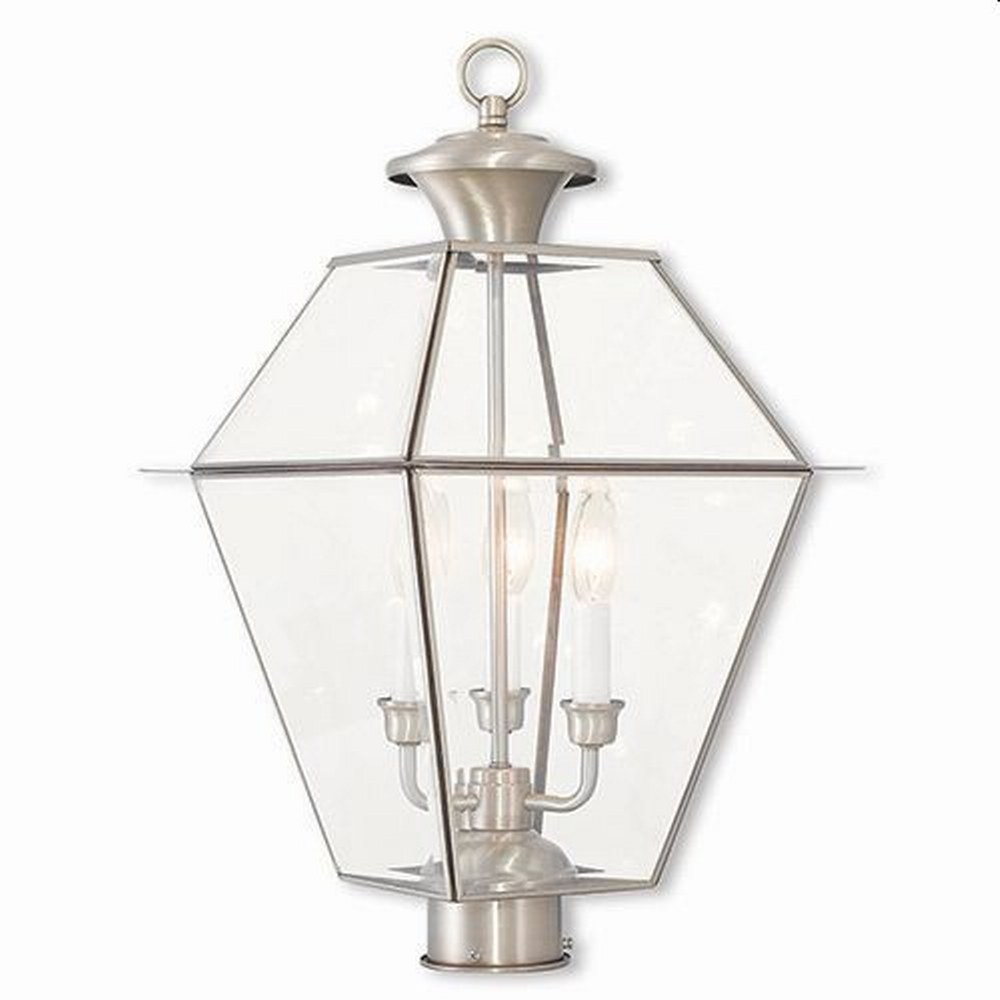 Livex Lighting-2384-91-Westover - 3 Light Outdoor Post Top Lantern in Westover Style - 12 Inches wide by 21.5 Inches high Brushed Nickel  Black Finish with Clear Beveled Glass