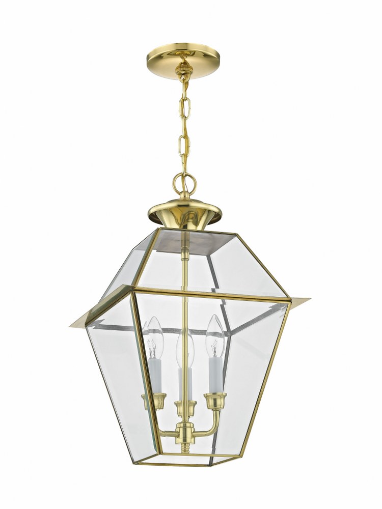 Livex Lighting-2385-02-Westover - 3 Light Outdoor Pendant Lantern in Westover Style - 12 Inches wide by 18.5 Inches high   Polished Brass Finish with Clear Beveled Glass