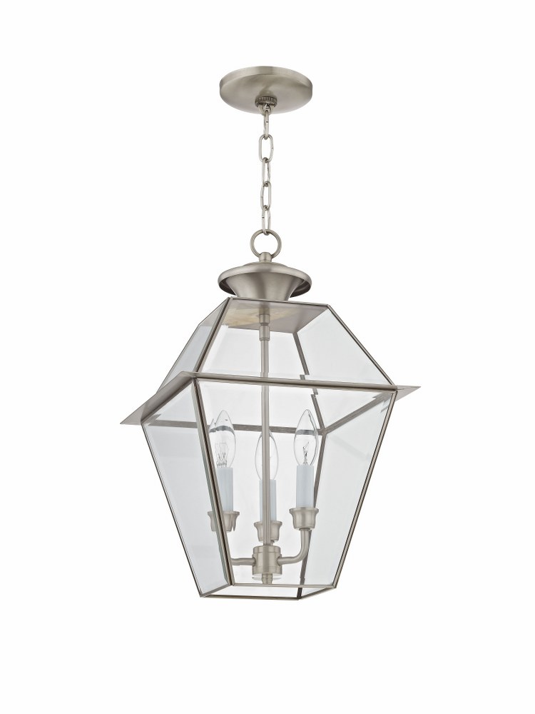 Livex Lighting-2385-91-Westover - 3 Light Outdoor Pendant Lantern in Westover Style - 12 Inches wide by 18.5 Inches high Brushed Nickel  Bronze Finish with Clear Beveled Glass