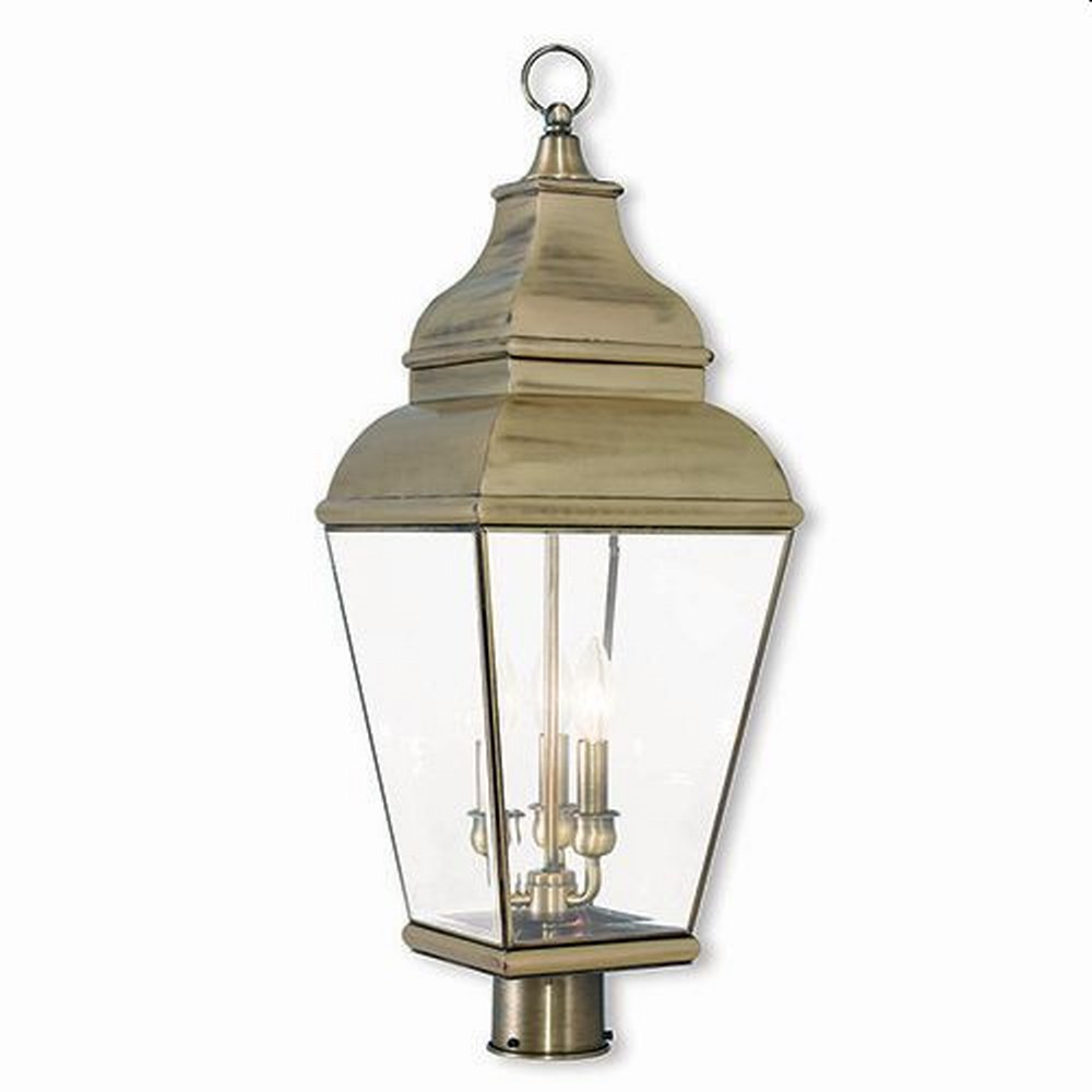 Livex Lighting-2594-01-Exeter - 3 Light Outdoor Post Top Lantern in Exeter Style - 10 Inches wide by 28.25 Inches high Antique Brass  Bronze Finish with Clear Beveled Glass