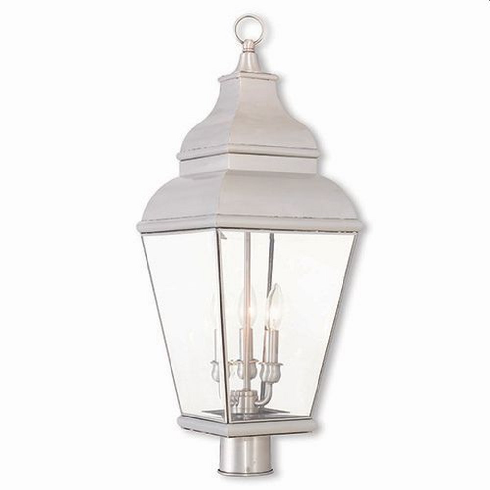 Livex Lighting-2594-91-Exeter - 3 Light Outdoor Post Top Lantern in Exeter Style - 10 Inches wide by 28.25 Inches high Brushed Nickel  Bronze Finish with Clear Beveled Glass