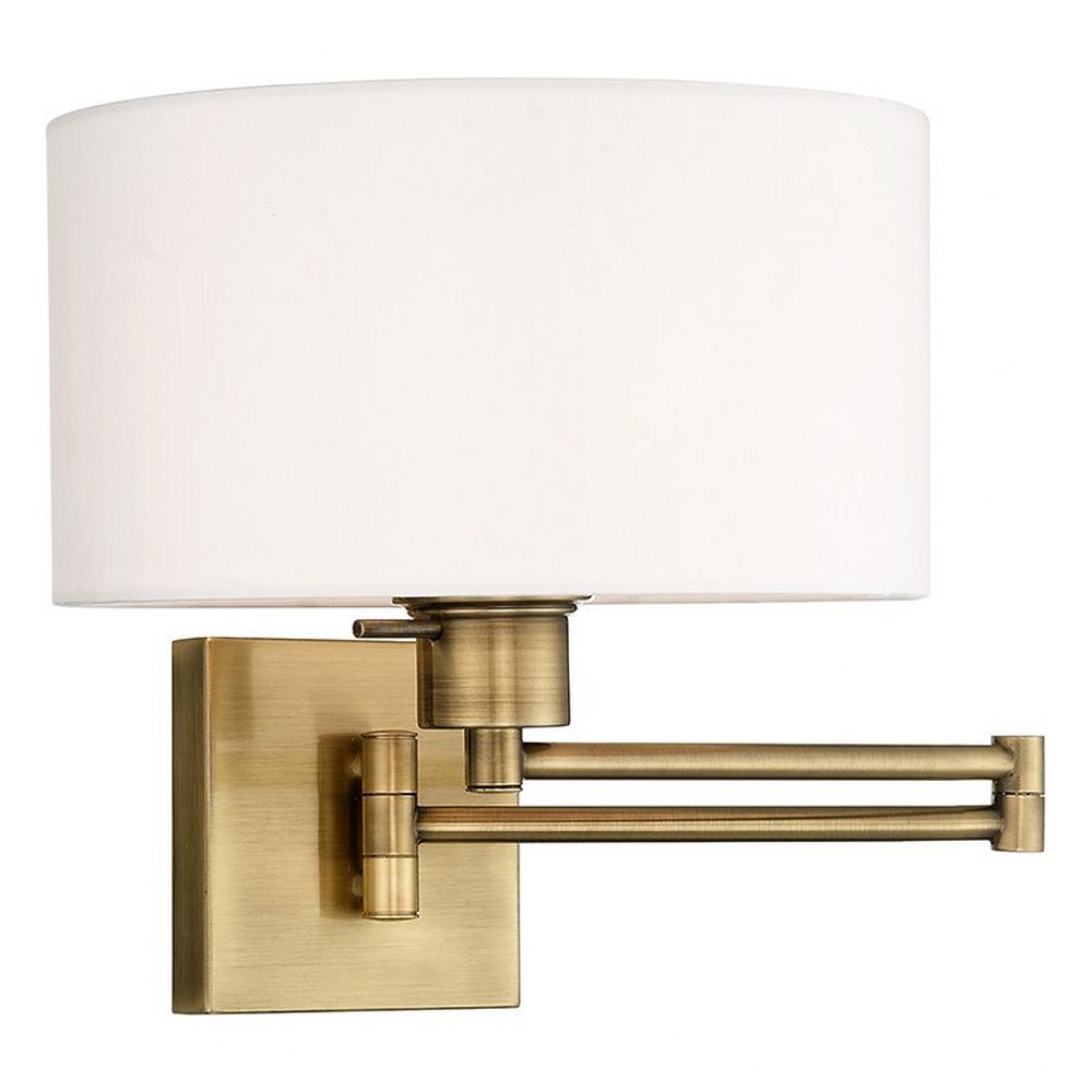 Livex Lighting-40036-01-1 Light Swing Arm Wall Sconce   Antique Brass Finish with Off-White Fabric Shade