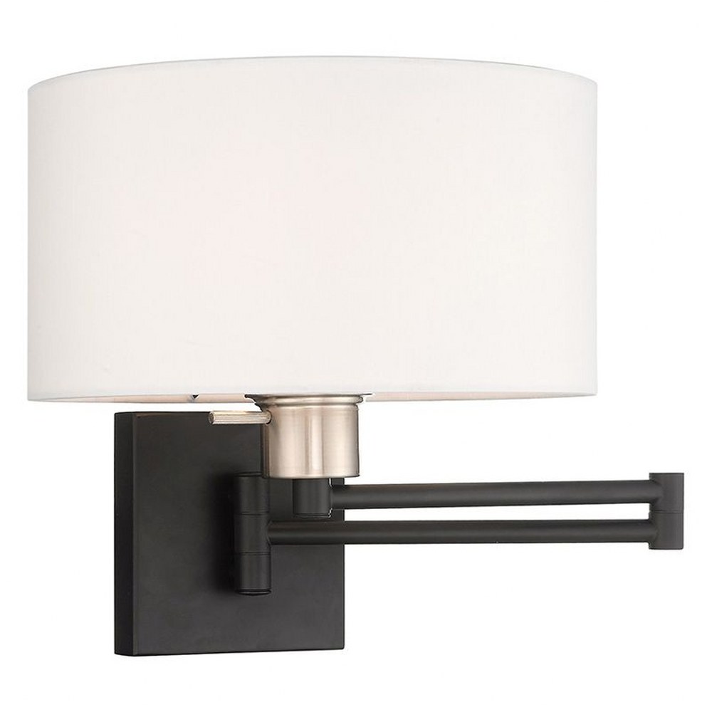 Livex Lighting-40036-04-1 Light Swing Arm Wall Sconce Black  Antique Brass Finish with Off-White Fabric Shade