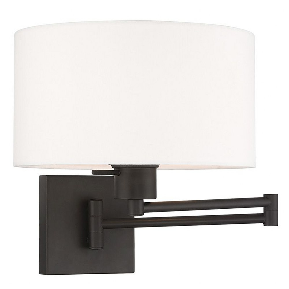 Livex Lighting-40036-07-1 Light Swing Arm Wall Sconce Bronze  Antique Brass Finish with Off-White Fabric Shade