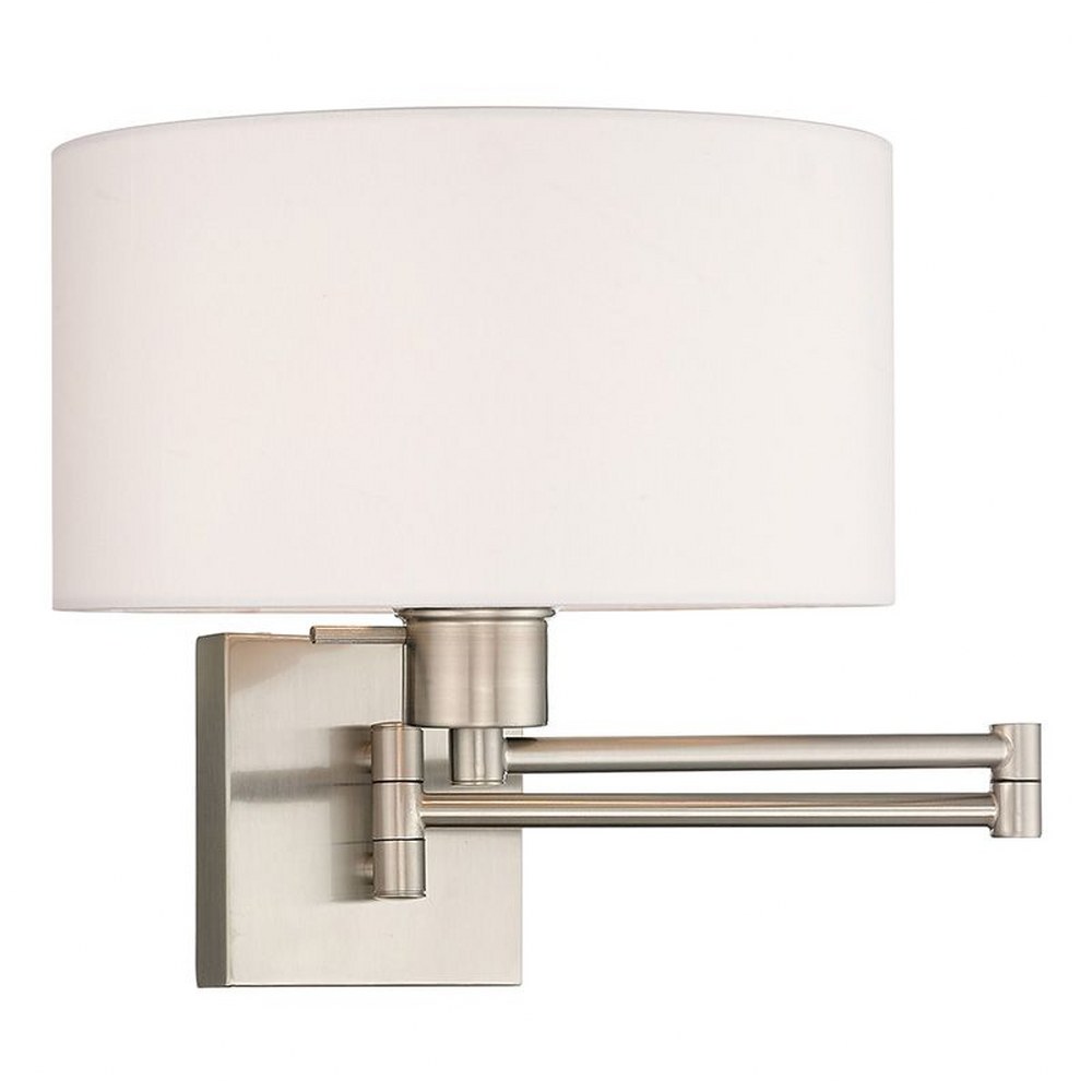 Livex Lighting-40036-91-1 Light Swing Arm Wall Sconce Brushed Nickel  Antique Brass Finish with Off-White Fabric Shade