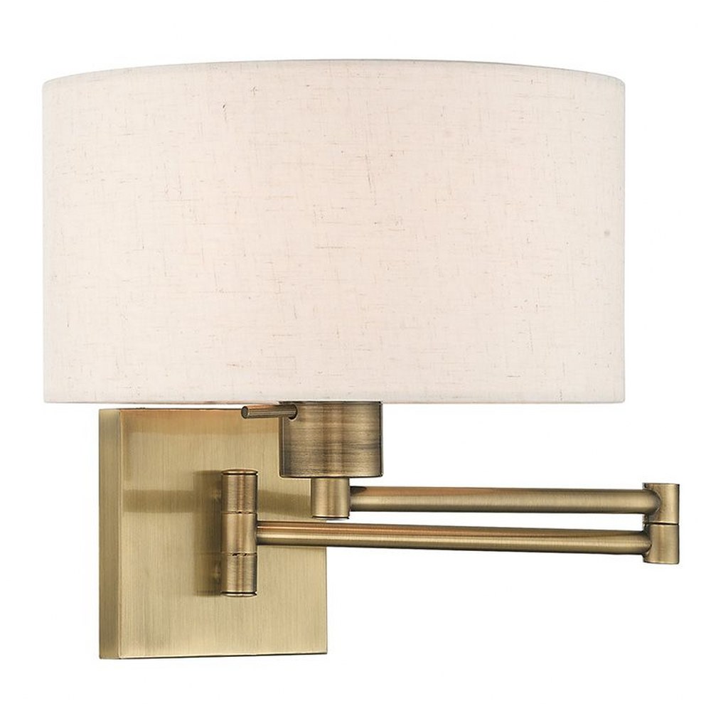 Livex Lighting-40037-01-1 Light Swing Arm Wall Sconce Antique Brass  Antique Brass Finish with Oatmeal Fabric Shade