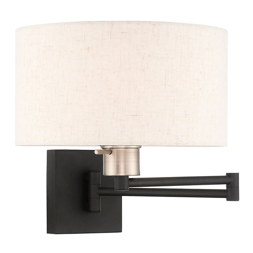 Livex Lighting-40037-04-1 Light Swing Arm Wall Sconce Black  Antique Brass Finish with Oatmeal Fabric Shade