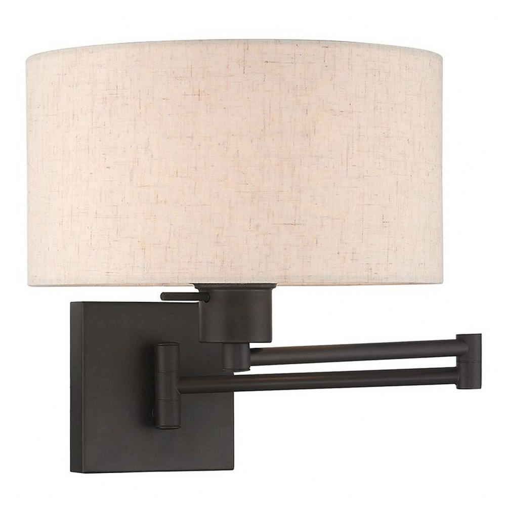 Livex Lighting-40037-07-1 Light Swing Arm Wall Sconce Bronze  Antique Brass Finish with Oatmeal Fabric Shade