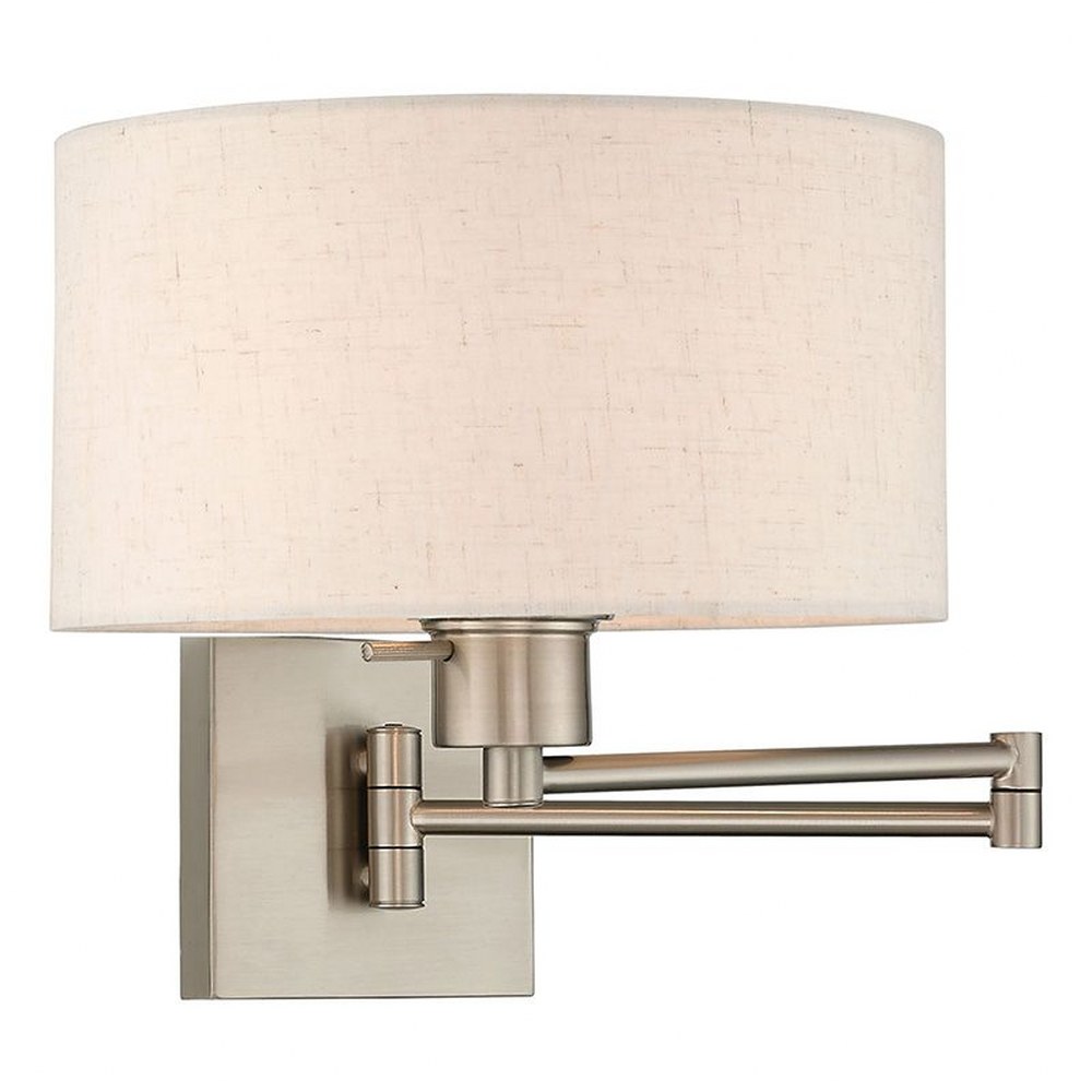 Livex Lighting-40037-91-1 Light Swing Arm Wall Sconce Brushed Nickel  Antique Brass Finish with Oatmeal Fabric Shade