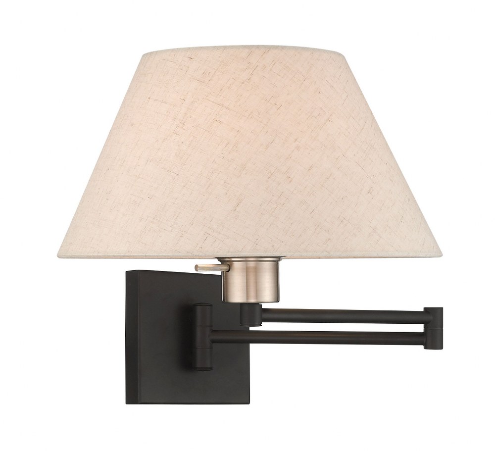 Livex Lighting-40038-04-1 Light Swing Arm Wall Sconce Black  Antique Brass Finish with Oatmeal Fabric Shade