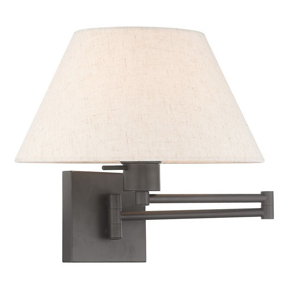 Livex Lighting-40038-07-1 Light Swing Arm Wall Sconce Bronze  Antique Brass Finish with Oatmeal Fabric Shade