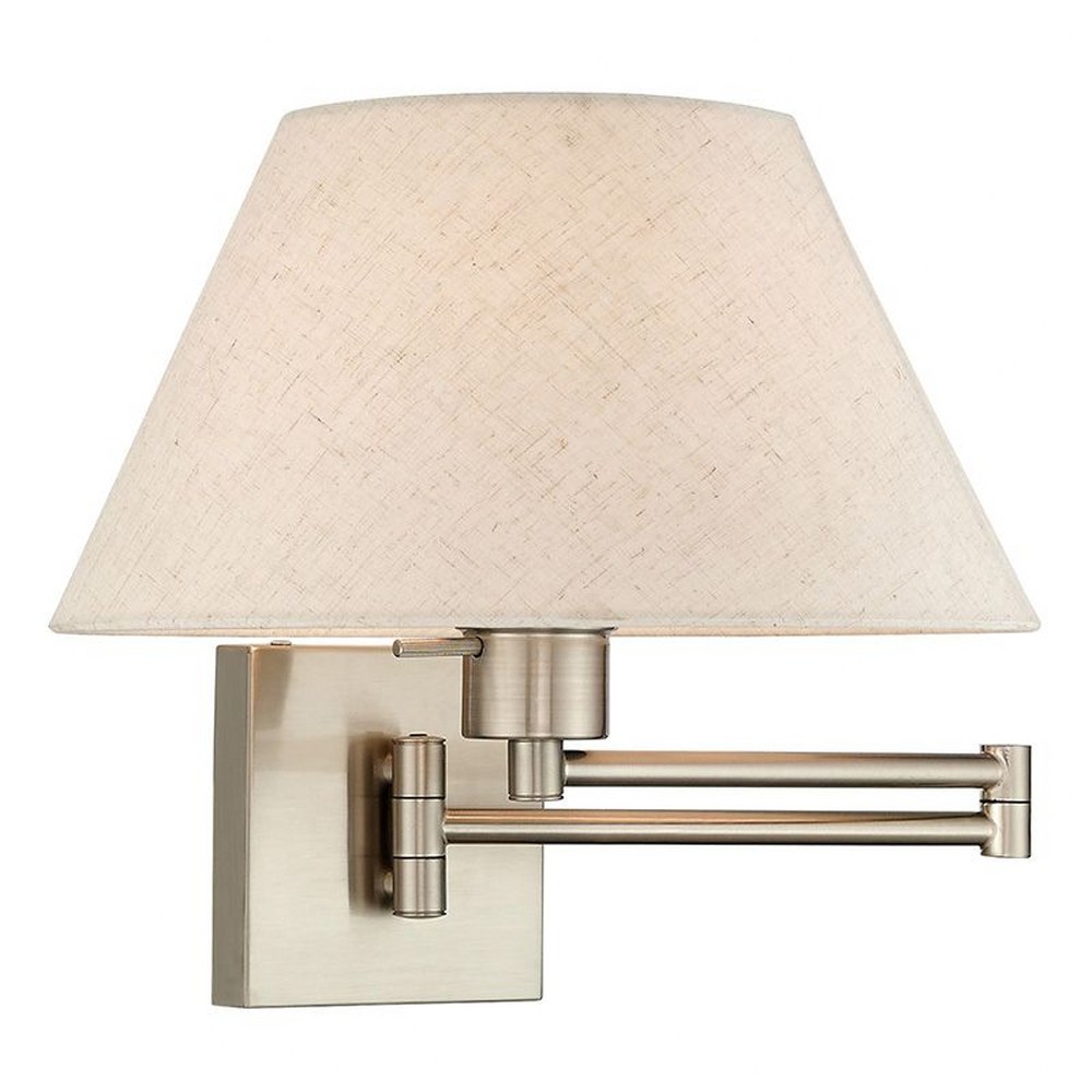 Livex Lighting-40038-91-1 Light Swing Arm Wall Sconce Brushed Nickel  Antique Brass Finish with Oatmeal Fabric Shade