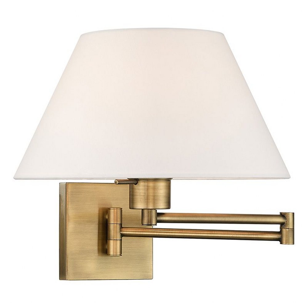 Livex Lighting-40039-01-1 Light Swing Arm Wall Sconce Antique Brass  Antique Brass Finish with Off-White Fabric Shade