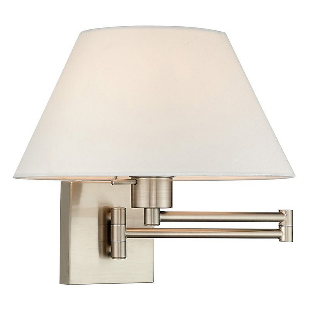 Livex Lighting-40039-91-1 Light Swing Arm Wall Sconce Brushed Nickel  Antique Brass Finish with Off-White Fabric Shade