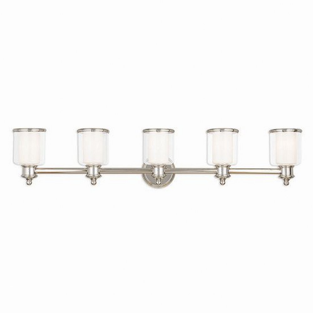 Livex Lighting-40215-35-Middlebush - 5 Light Bath Vanity in Middlebush Style - 45.5 Inches wide by 9 Inches high Polished Nickel Brushed Nickel Finish with Clear/Satin Opal White Glass
