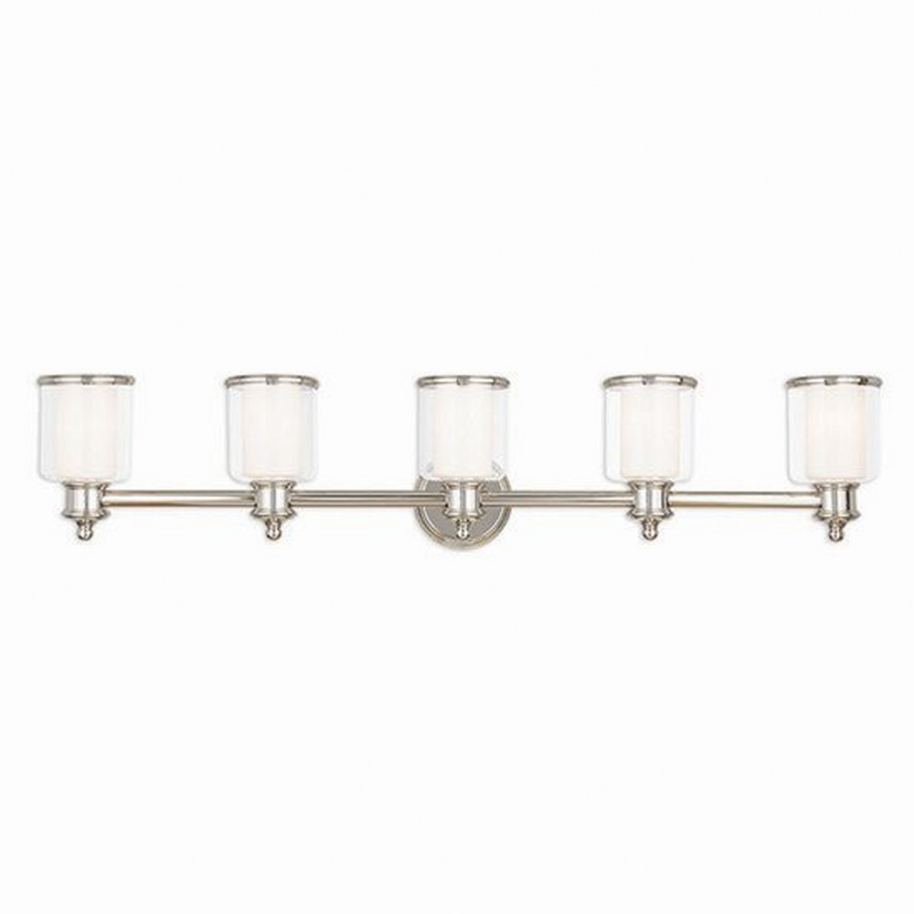 Livex Lighting-40215-35-Middlebush - 5 Light Bath Vanity in Middlebush Style - 45.5 Inches wide by 9 Inches high Polished Nickel  Brushed Nickel Finish with Clear/Satin Opal White Glass