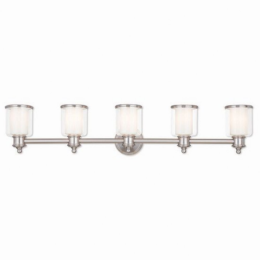 Livex Lighting-40215-91-Middlebush - 5 Light Bath Vanity in Middlebush Style - 45.5 Inches wide by 9 Inches high Brushed Nickel  Brushed Nickel Finish with Clear/Satin Opal White Glass