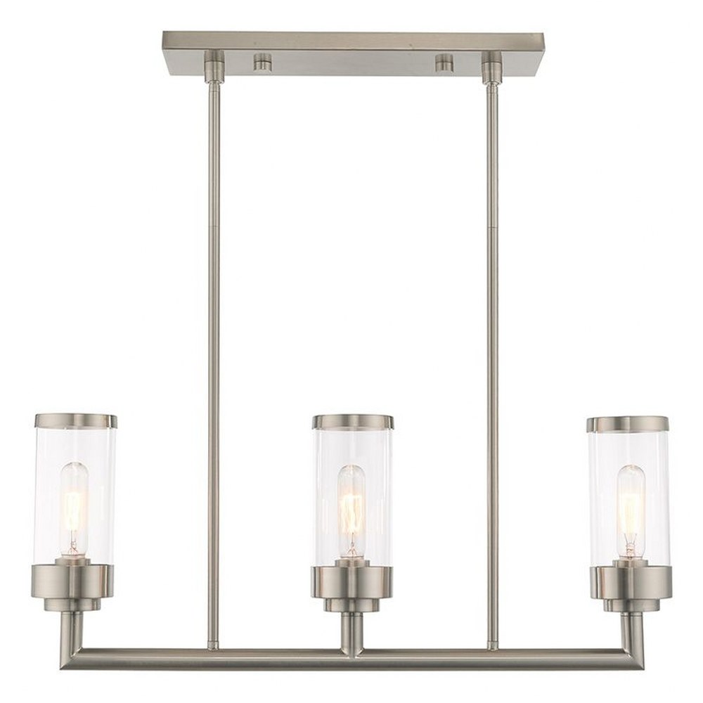 Livex Lighting-40473-91-Hillcrest - 3 Light Linear Chandelier in Hillcrest Style - 5 Inches wide by 21.5 Inches high   Brushed Nickel Finish with Clear Glass