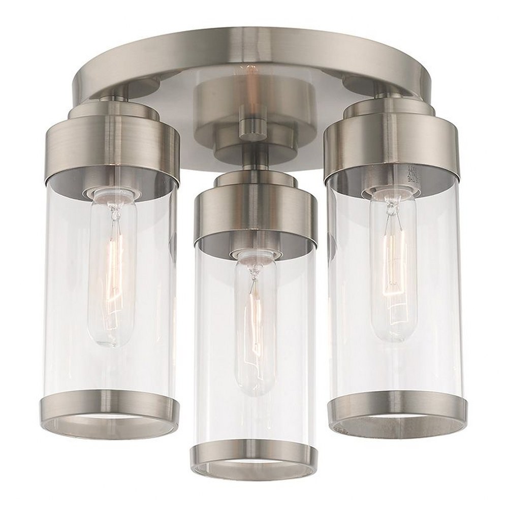 Livex Lighting-40474-91-Hillcrest - 3 Light Flush Mount   Brushed Nickel Finish with Clear Glass